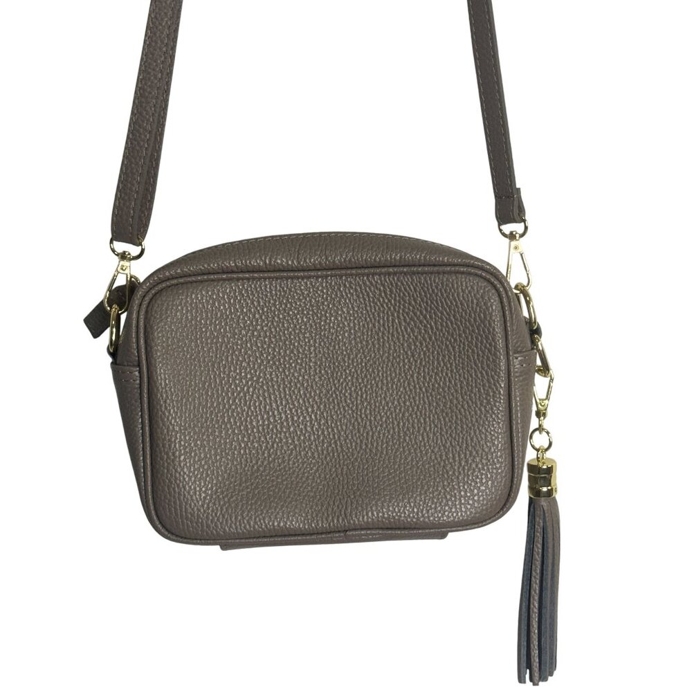 Pebbled Taupe Leather Crossbody Bag with Tassel Accent